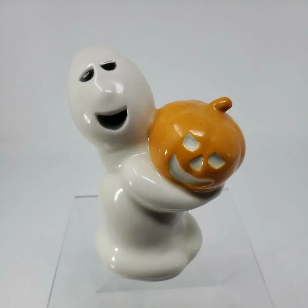Halloween Ghost Holding Jack O'Lantern Pumpkin Ceramic  VTG Figurine Iowa USA